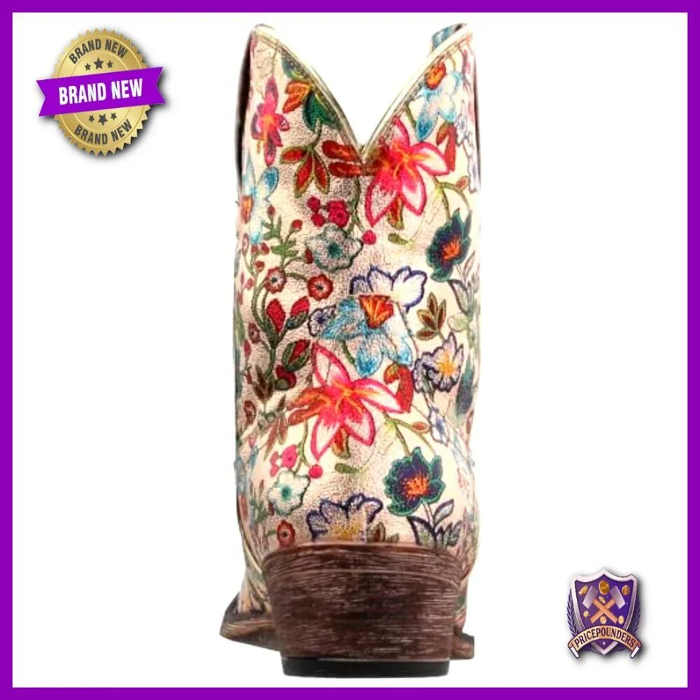 Floral Metallic Snip Toe Ankle Boots Low Heel Pull On Casual Chic Retro